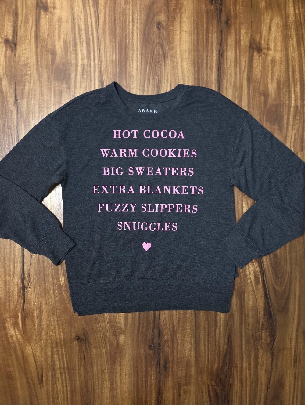 Awake Favorite Things About Winter Christmas Gray/Pink Crewneck SMALL